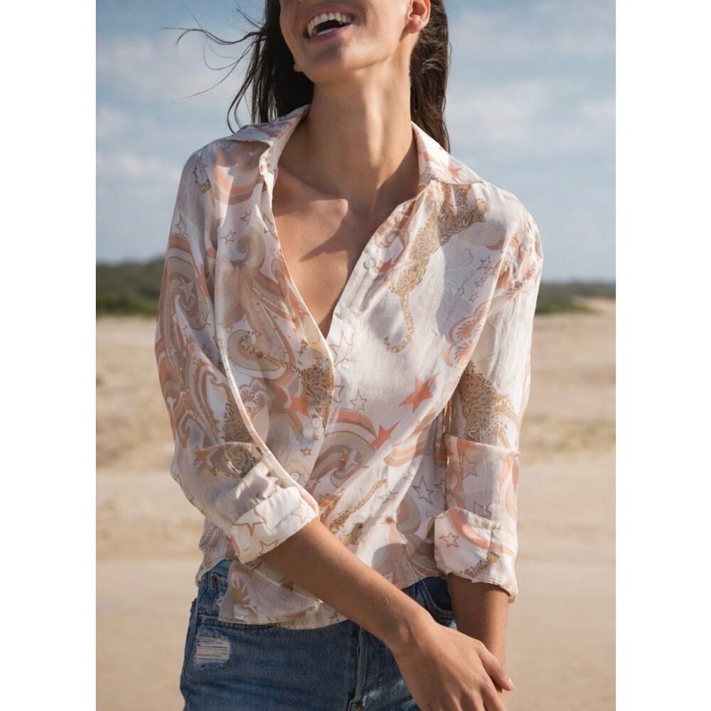 Las Surenas Women’s Stardust Leopard Button Down Shirt Pink White Size Small